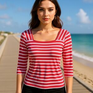 Saint James Red White Stripe Square Neck 3/4 Sleeve Top Sz Medium Made in France